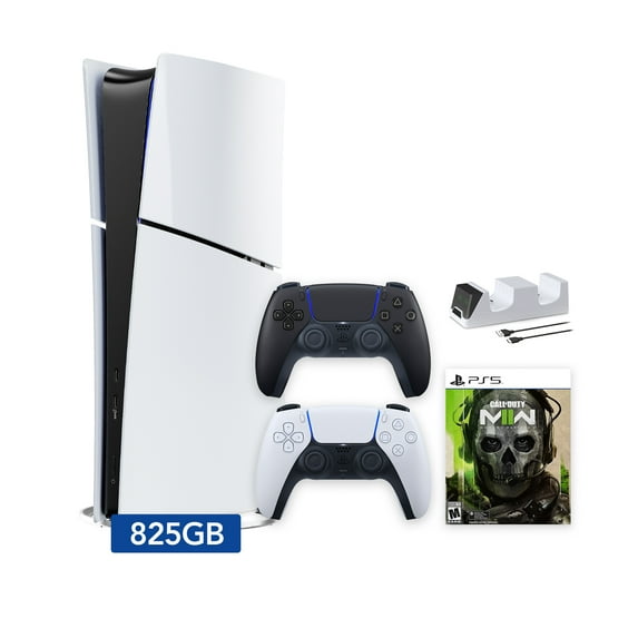 PlayStation 5 Slim Digital 825GB SSD Call of Duty Modern Warfare II Console with Two Controllers, White and Midnight Black DualSense and Dual Controller Charger - PS5 Slim Digital Console