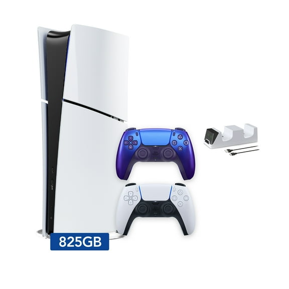 PlayStation 5 Slim Digital 825GB SSD Console with Two Controllers, White and Chroma Indigo DualSense and Dual Controller Charger - PS5 Slim Digital Console