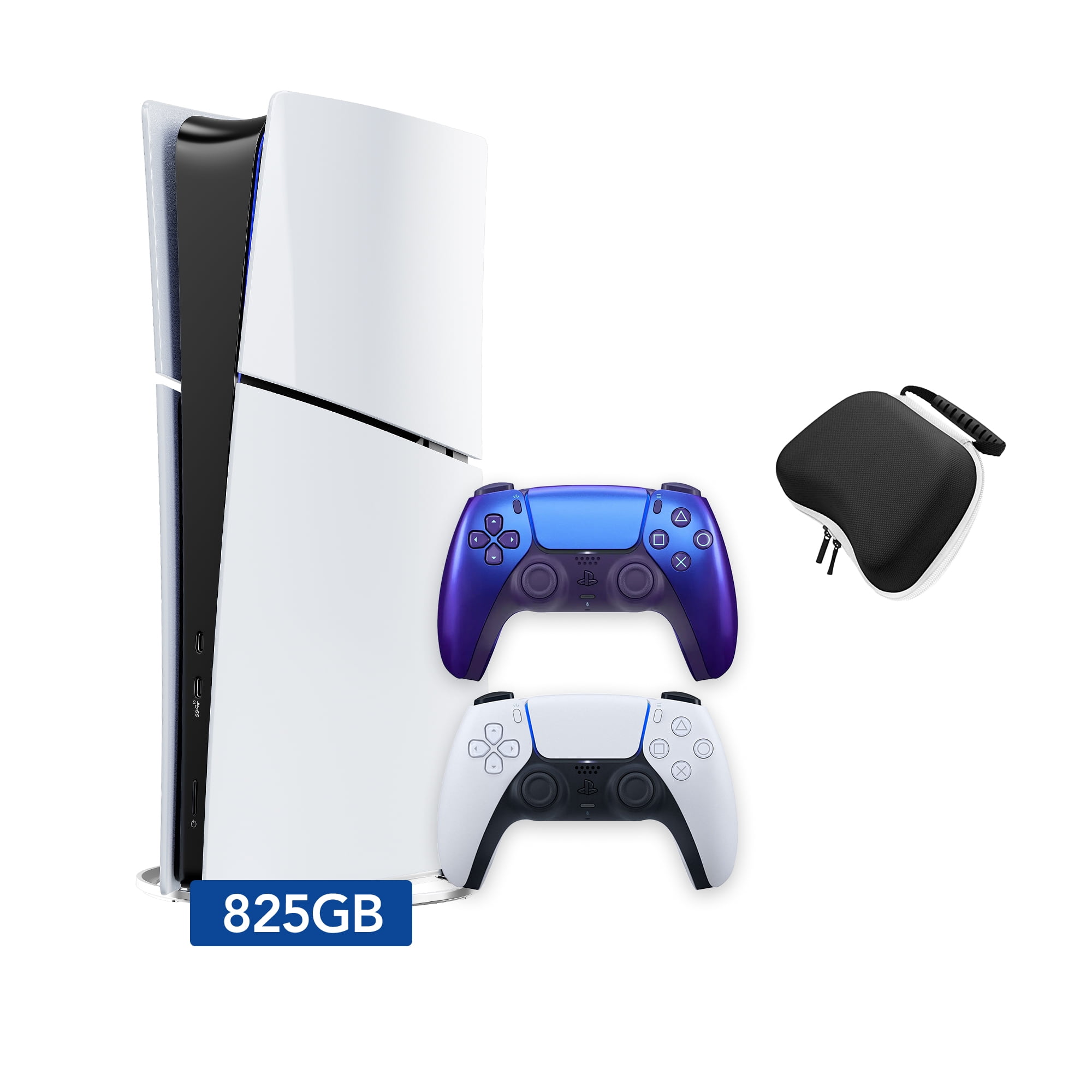 PlayStation 5 Slim Digital 825GB SSD Console with Two Controllers, White and Chroma Indigo DualSense, Hard Shell Protective Controller Case - PS5 Slim Digital Console