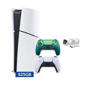PlayStation 5 Slim Digital 825GB SSD Console with Two Controllers, White and Chroma Teal DualSense and Dual Controller Charger - PS5 Slim Digital Console
