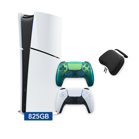 PlayStation 5 Slim Digital 825GB SSD Console with Two Controllers, White and Chroma Teal DualSense and Hard Shell Protective Controller Case - PS5 Slim Digital Console