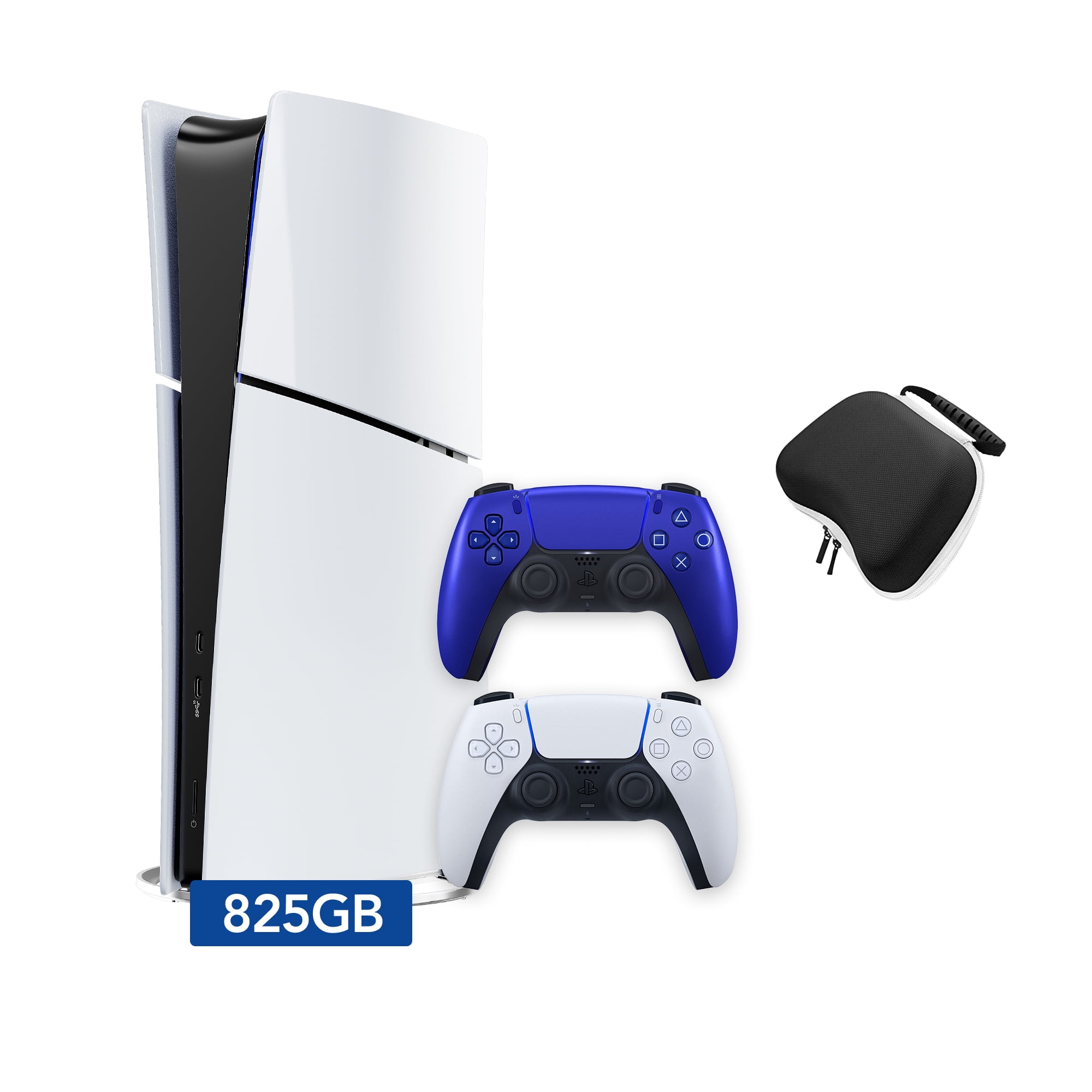 PlayStation 5 Slim Digital 825GB SSD Console with Two Controllers, White and Cobalt Blue DualSense and Hard Shell Protective Controller Case - PS5 Slim Digital Console