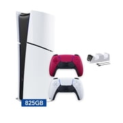 PlayStation 5 Slim Digital 825GB SSD Console with Two Controllers, White and Cosmic Red DualSense and Dual Controller Charger - PS5 Slim Digital Console