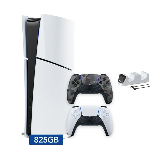PlayStation 5 Slim Digital 825GB SSD Console with Two Controllers, White and Gray Camouflage DualSense and Dual Controller Charger - PS5 Slim Digital Console