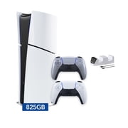 PlayStation 5 Slim Digital 825GB SSD Console with Two Controllers, White and Sterling Silver DualSense and Dual Controller Charger - PS5 Slim Digital Console