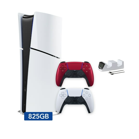 PlayStation 5 Slim Digital 825GB SSD Console with Two Controllers, White and Volcanic Red DualSense and Dual Controller Charger - PS5 Slim Digital Console
