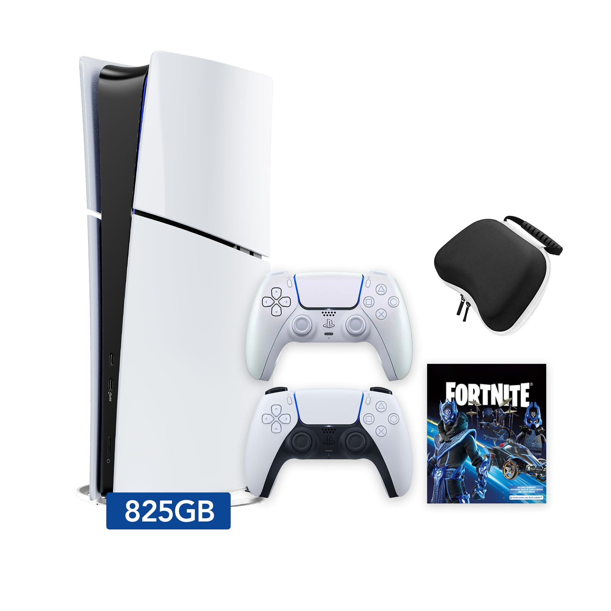 PlayStation 5 Slim Digital 825GB SSD Fortnite Cobalt Star Console with Two Controllers, White and Chroma Pearl DualSense, Hard Shell Protective Controller Case - PS5 Slim Digital Console