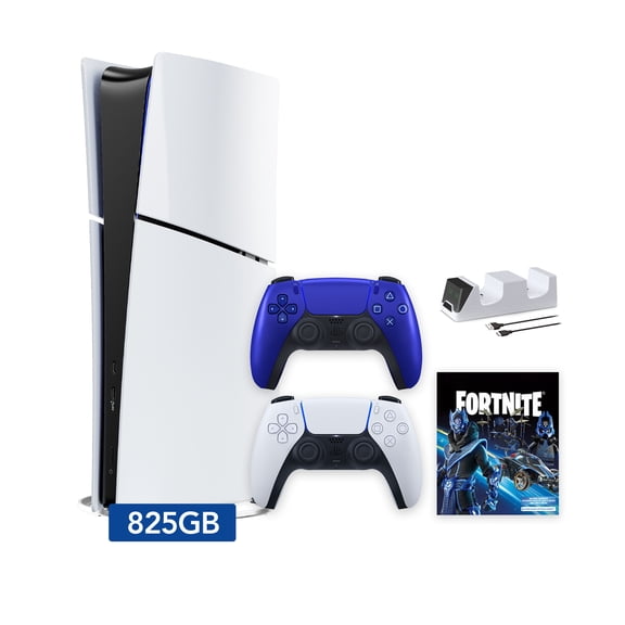 PlayStation 5 Slim Digital 825GB SSD Fortnite Cobalt Star Console with Two Controllers, White and Cobalt Blue DualSense and Dual Controller Charger - PS5 Slim Digital Console