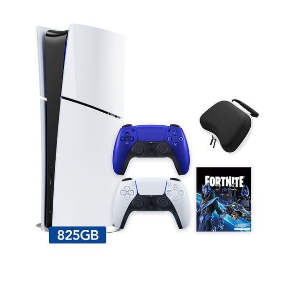 PlayStation 5 Slim Digital 825GB SSD Fortnite Cobalt Star Console with Two Controllers, White and Cobalt Blue DualSense and Hard Shell Protective Controller Case - PS5 Slim Digital Console