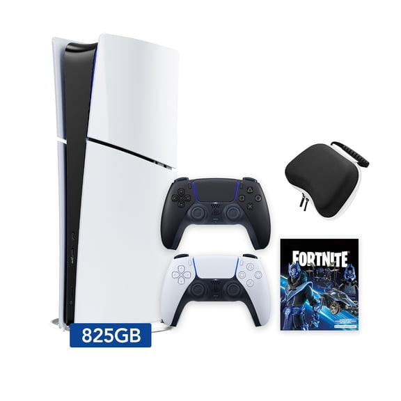 PlayStation 5 Slim Digital 825GB SSD Fortnite Cobalt Star Console with Two Controllers, White and Midnight Black DualSense and Hard Shell Protective Controller Case - PS5 Slim Digital Console