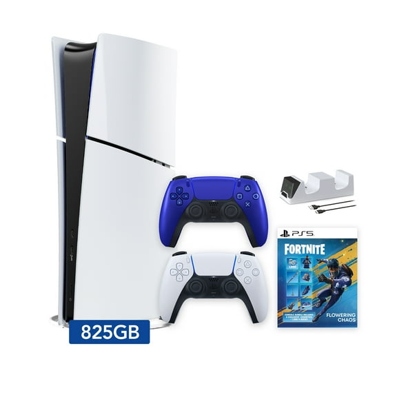 PlayStation 5 Slim Digital 825GB SSD Fortnite Flowering Chaos Console with Two Controllers, White and Cobalt Blue DualSense and Dual Controller Charger - PS5 Slim Digital Console