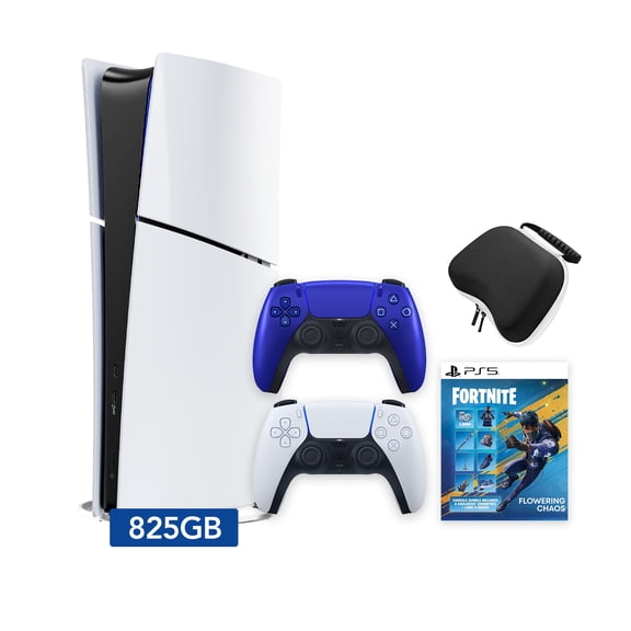 PlayStation 5 Slim Digital 825GB SSD Fortnite Flowering Chaos Console with Two Controllers, White and Cobalt Blue DualSense and Hard Shell Protective Controller Case - PS5 Slim Digital Console