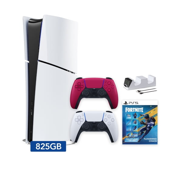 PlayStation 5 Slim Digital 825GB SSD Fortnite Flowering Chaos Console with Two Controllers, White and Cosmic Red DualSense and Dual Controller Charger - PS5 Slim Digital Console