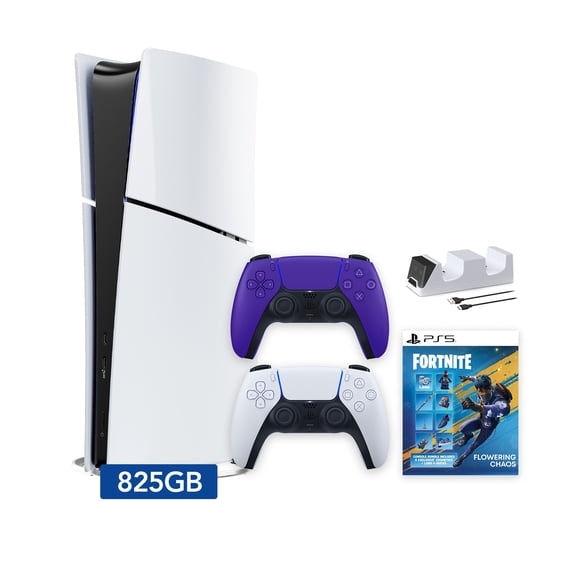 PlayStation 5 Slim Digital 825GB SSD Fortnite Flowering Chaos Console with Two Controllers, White and Galactic Purple DualSense and Dual Controller Charger - PS5 Slim Digital Console