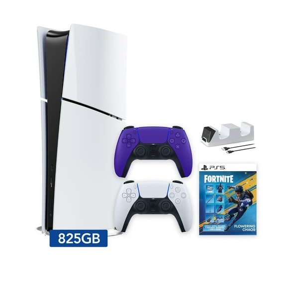 PlayStation 5 Slim Digital 825GB SSD Fortnite Flowering Chaos Console with Two Controllers, White and Galactic Purple DualSense and Dual Controller Charger - PS5 Slim Digital Console