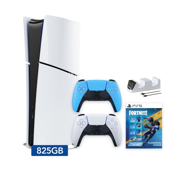 PlayStation 5 Slim Digital 825GB SSD Fortnite Flowering Chaos Console with Two Controllers, White and Starlight Blue DualSense and Dual Controller Charger - PS5 Slim Digital Console