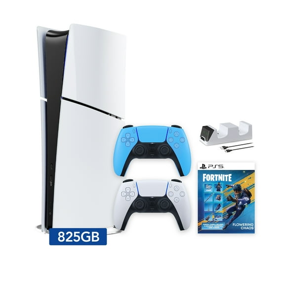 PlayStation 5 Slim Digital 825GB SSD Fortnite Flowering Chaos Console with Two Controllers, White and Starlight Blue DualSense and Dual Controller Charger - PS5 Slim Digital Console