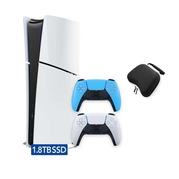 PlayStation 5 Slim Digital Edition 1TB SSD Bundle with Two Controllers White and Starlight Blue Dualsense and Mytrix Controller Case - Slim PS5 1TB PCIe SSD Gaming Console JP Version Region Free