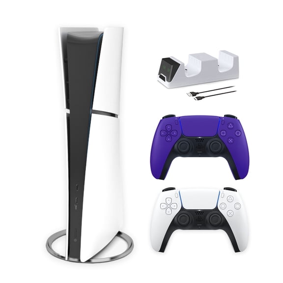 PlayStation 5 Slim Digital Edition Bundle with Two Controller White and Galactic Purple Dualsense and Mytrix Controller Charger - Slim PS5 1TB PCIe SSD Gaming Console