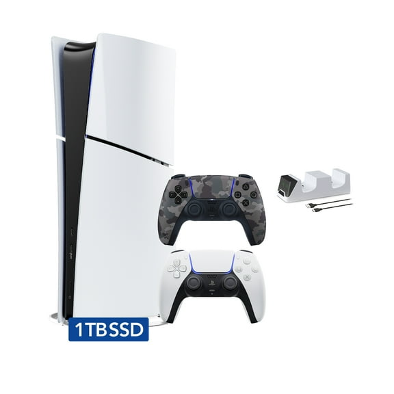 PlayStation 5 Slim Digital Edition Bundle with Two Controller White and Gray Camouflage Dualsense and Mytrix Controller Charger - Slim PS5 1TB PCIe SSD Gaming Console