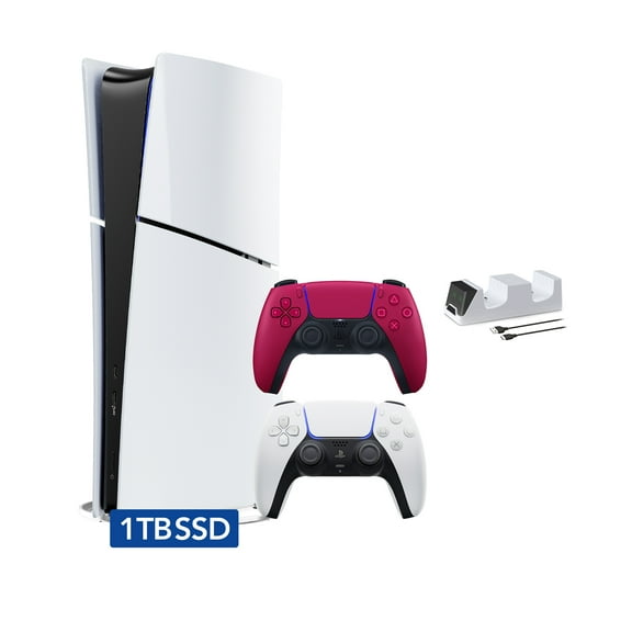 PlayStation 5 Slim Digital Edition Bundle with Two Controllers White and Cosmic Red Dualsense and Mytrix Controller Charger - Slim PS5 1TB PCIe SSD Gaming Console