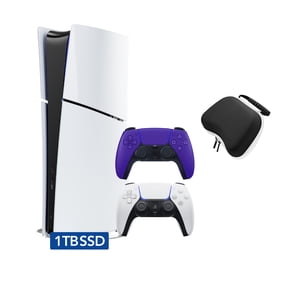 PlayStation 5 Slim Digital Edition Bundle with Two Controllers White and Galactic Purple Dualsense and Mytrix Controller Case - Slim PS5 1TB PCIe SSD Gaming Console