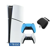 PlayStation 5 Slim Digital Edition Bundle with Two Controllers White and Starlight Blue Dualsense and Mytrix Controller Case - Slim PS5 1TB PCIe SSD Gaming Console