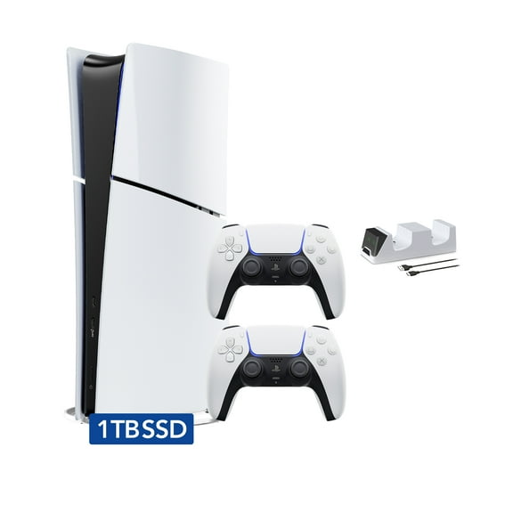 PlayStation 5 Slim Digital Edition Bundle with Two DualSense Controllers and Mytrix Controller Charger - White, Slim PS5 1TB PCIe SSD Gaming Console