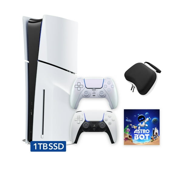 PlayStation 5 Slim Disc 1TB SSD ASTRO BOT Bundle with Two Controllers, White and Chroma Pearl DualSense, Hard Shell Protective Controller Case - PS5 Slim Disc Edition
