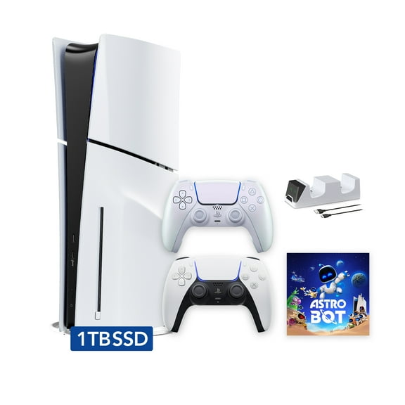 PlayStation 5 Slim Disc 1TB SSD ASTRO BOT Bundle with Two Controllers, White and Chroma Pearl DualSense and Mytrix Dual Controller Charger - PS5 Slim Disc Edition