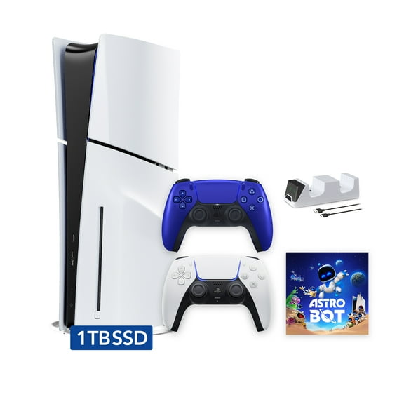 PlayStation 5 Slim Disc 1TB SSD ASTRO BOT Bundle with Two Controllers, White and Cobalt Blue DualSense and Mytrix Dual Controller Charger - PS5 Slim Disc Edition