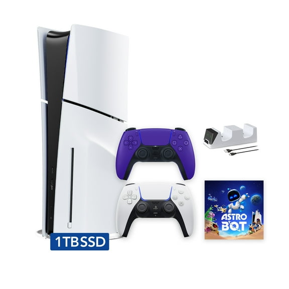 PlayStation 5 Slim Disc 1TB SSD ASTRO BOT Bundle with Two Controllers, White and Galactic Purple DualSense and Mytrix Dual Controller Charger - PS5 Slim Disc Edition