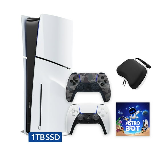 PlayStation 5 Slim Disc 1TB SSD ASTRO BOT Bundle with Two Controllers, White and Gray Camouflage DualSense, Hard Shell Protective Controller Case - PS5 Slim Disc Edition