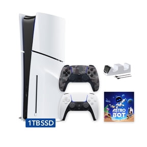 PlayStation 5 Slim Disc 1TB SSD ASTRO BOT Bundle with Two Controllers, White and Gray Camouflage DualSense and Mytrix Dual Controller Charger - PS5 Slim Disc Edition