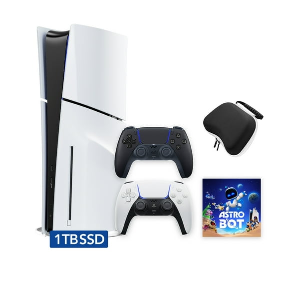 PlayStation 5 Slim Disc 1TB SSD ASTRO BOT Bundle with Two Controllers, White and Midnight Black DualSense and Mytrix Hard Shell Protective Controller Case - PS5 Slim Disc Edition