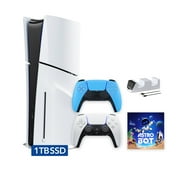 PlayStation 5 Slim Disc 1TB SSD ASTRO BOT Bundle with Two Controllers, White and Starlight Blue DualSense and Mytrix Dual Controller Charger - PS5 Slim Disc Edition
