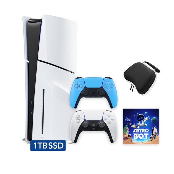 PlayStation 5 Slim Disc 1TB SSD ASTRO BOT Bundle with Two Controllers, White and Starlight Blue DualSense and Mytrix Hard Shell Protective Controller Case - PS5 Slim Disc Edition