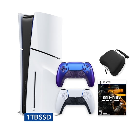 PlayStation 5 Slim Disc 1TB SSD Call of Duty Black Ops 6 Bundle with Two Controllers, White and Chroma Indigo DualSense, Hard Shell Protective Controller Case - PS5 Slim Disc Edition