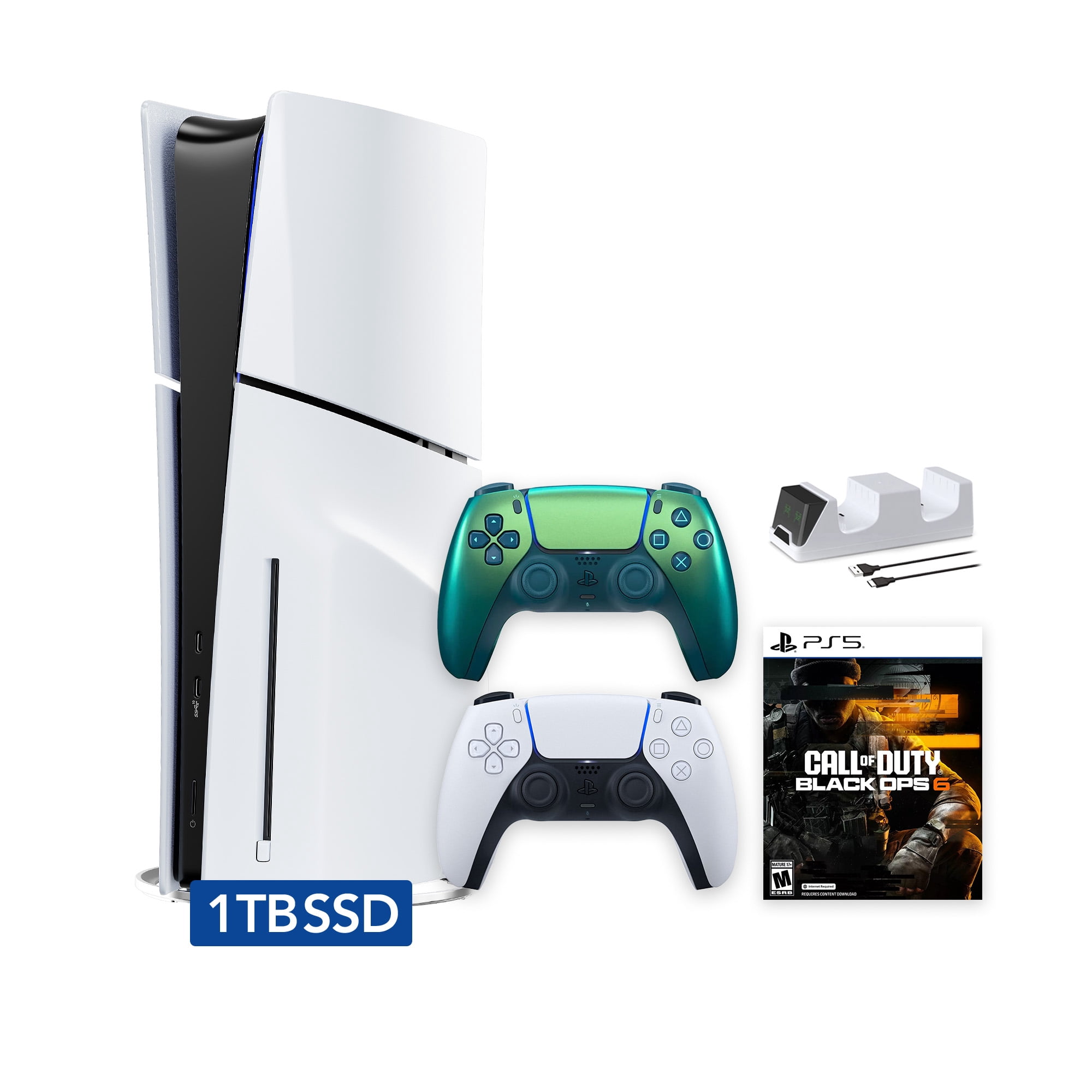 PlayStation 5 Slim Disc 1TB SSD Call of Duty Black Ops 6 Bundle with Two Controllers, White and Chroma Teal DualSense and Mytrix Dual Controller Charger - PS5 Slim Disc Edition