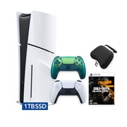 PlayStation 5 Slim Disc 1TB SSD Call of Duty Black Ops 6 Bundle with Two Controllers, White and Chroma Teal DualSense and Mytrix Hard Shell Protective Controller Case - PS5 Slim Disc Edition