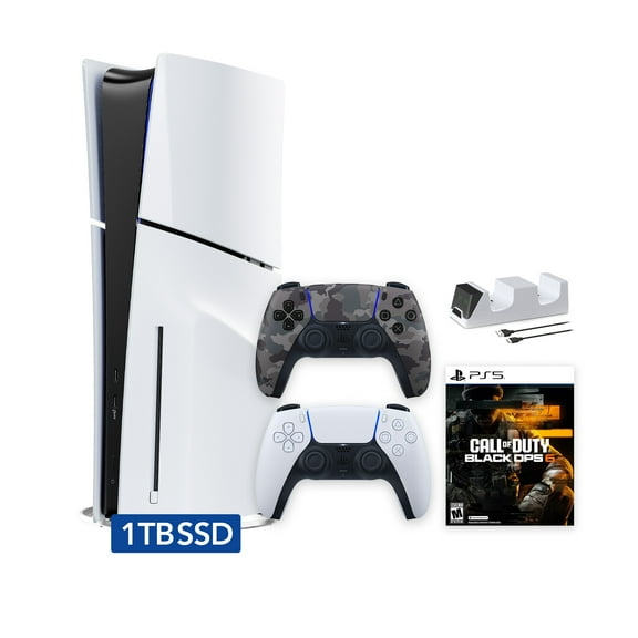 PlayStation 5 Slim Disc 1TB SSD Call of Duty Black Ops 6 Bundle with Two Controllers, White and Gray Camouflage DualSense and Mytrix Dual Controller Charger - PS5 Slim Disc Edition
