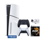 PlayStation 5 Slim Disc 1TB SSD Call of Duty Black Ops 6 Bundle with Two Controllers, White and Midnight Black DualSense and Mytrix Dual Controller Charger - PS5 Slim Disc Edition