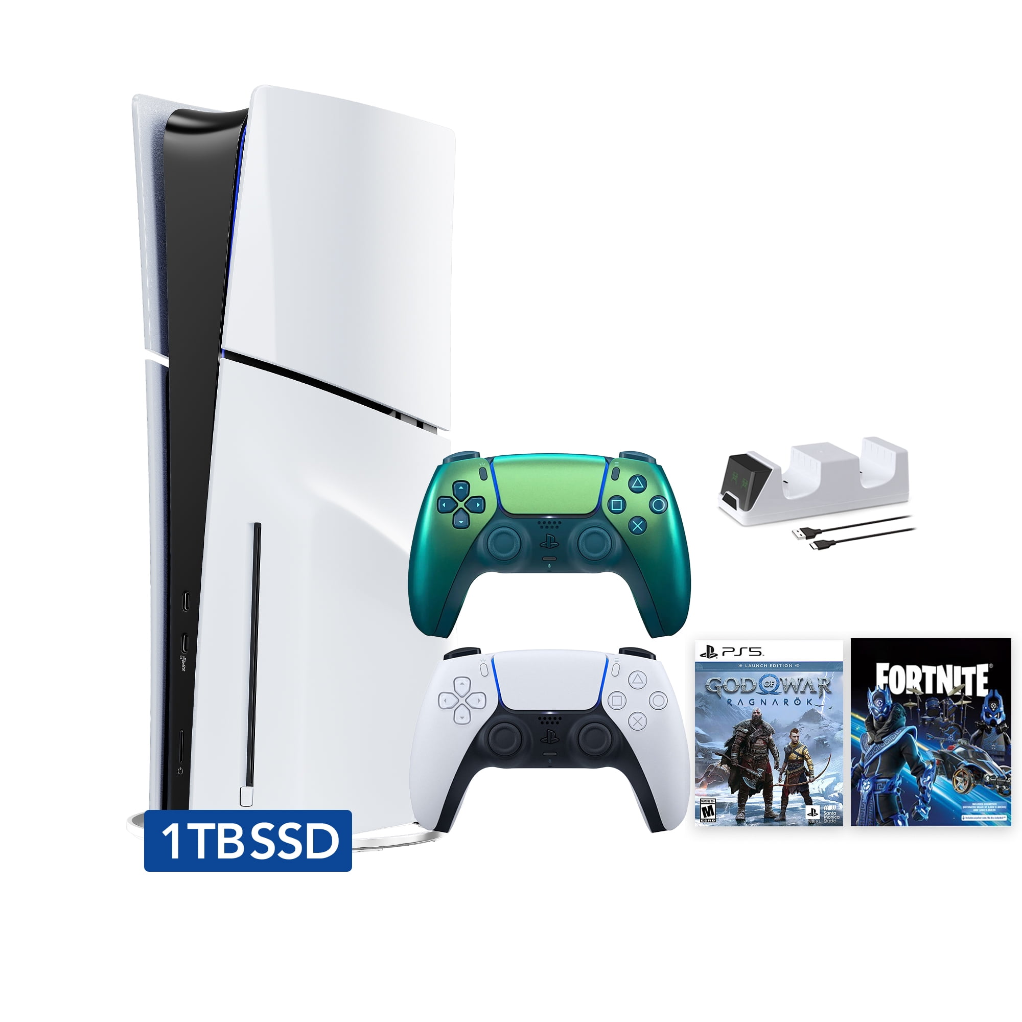 PlayStation 5 Slim Disc 1TB SSD Fortnite Cobalt Star Bundle God of War Bundle with Two Controllers, White and Chroma Teal DualSense and Mytrix Dual Controller Charger - PS5 Slim Disc Edition