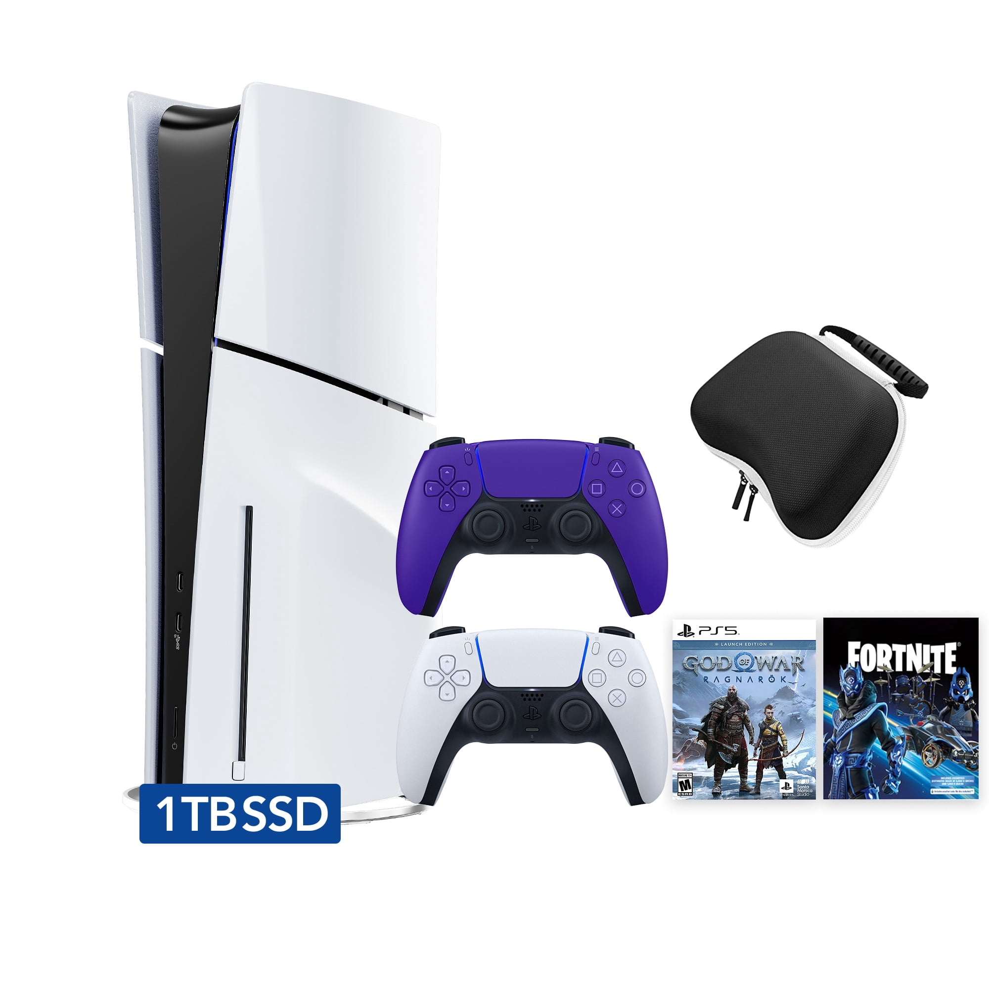 PlayStation 5 Slim Disc 1TB SSD Fortnite Cobalt Star Bundle God of War Bundle with Two Controllers, White and Galactic Purple DualSense, Hard Shell Protective Controller Case - PS5 Slim Disc Edition
