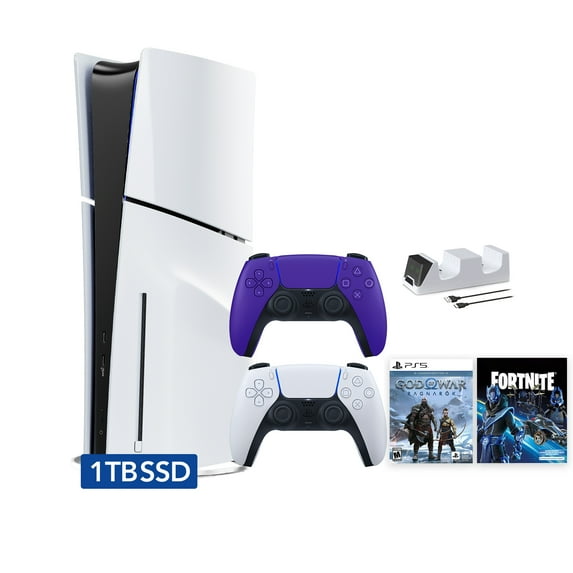 PlayStation 5 Slim Disc 1TB SSD Fortnite Cobalt Star Bundle God of War Bundle with Two Controllers, White and Galactic Purple DualSense and Mytrix Dual Controller Charger - PS5 Slim Disc Edition