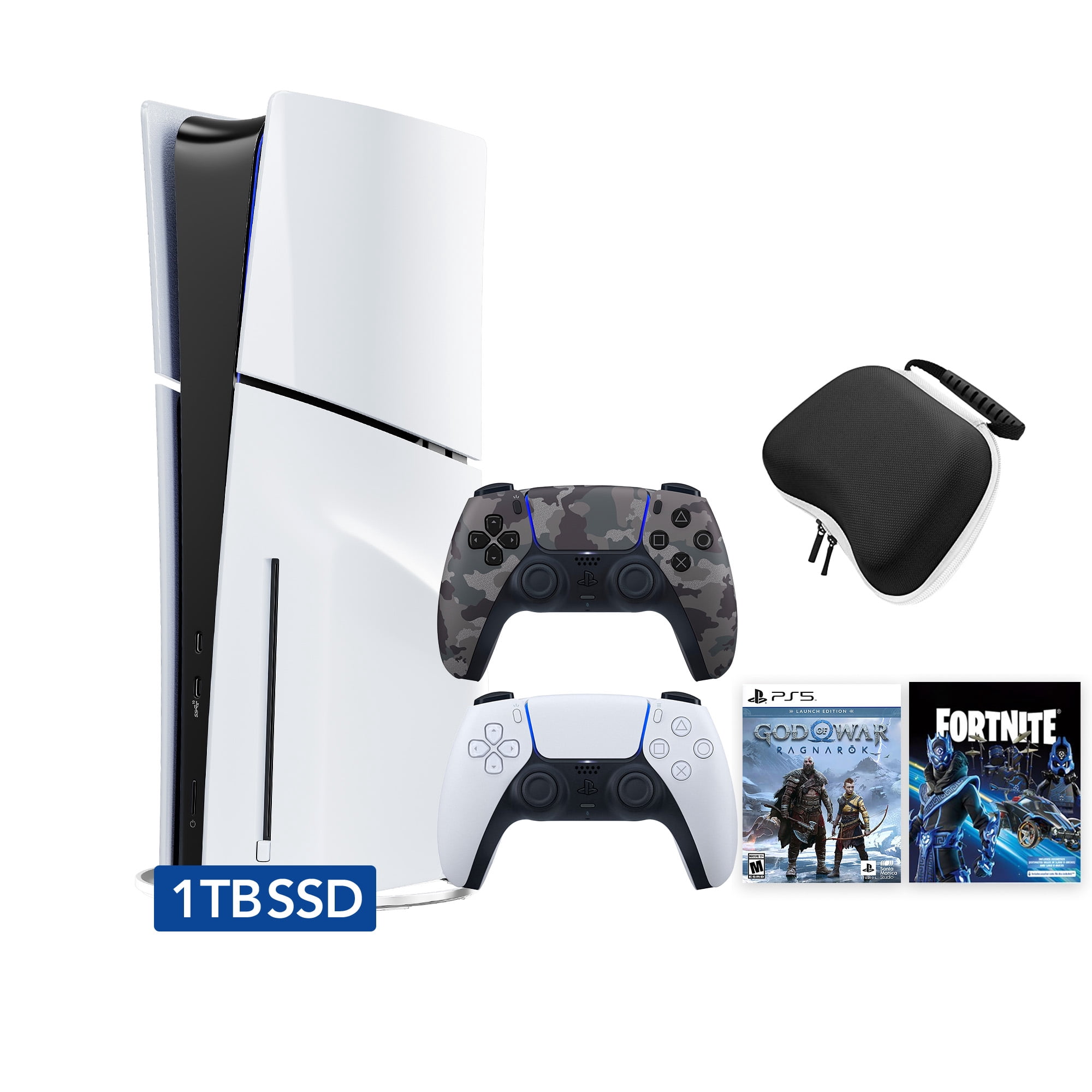 PlayStation 5 Slim Disc 1TB SSD Fortnite Cobalt Star Bundle God of War Bundle with Two Controllers, White and Gray Camouflage DualSense, Hard Shell Protective Controller Case - PS5 Slim Disc Edition