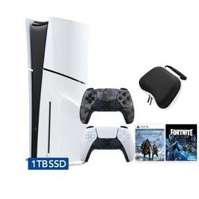PlayStation 5 Slim Disc 1TB SSD Fortnite Cobalt Star Bundle God of War Bundle with Two Controllers, White and Gray Camouflage DualSense, Hard Shell Protective Controller Case - PS5 Slim Disc Edition