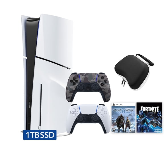 PlayStation 5 Slim Disc 1TB SSD Fortnite Cobalt Star Bundle God of War Bundle with Two Controllers, White and Gray Camouflage DualSense, Hard Shell Protective Controller Case - PS5 Slim Disc Edition