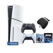 PlayStation 5 Slim Disc 1TB SSD Fortnite Cobalt Star Bundle God of War Bundle with Two Controllers, White and Gray Camouflage DualSense, Hard Shell Protective Controller Case - PS5 Slim Disc Edition