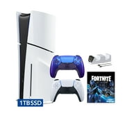 PlayStation 5 Slim Disc 1TB SSD Fortnite Cobalt Star Bundle with Two Controllers, White and Chroma Indigo DualSense and Mytrix Dual Controller Charger - PS5 Slim Disc Edition